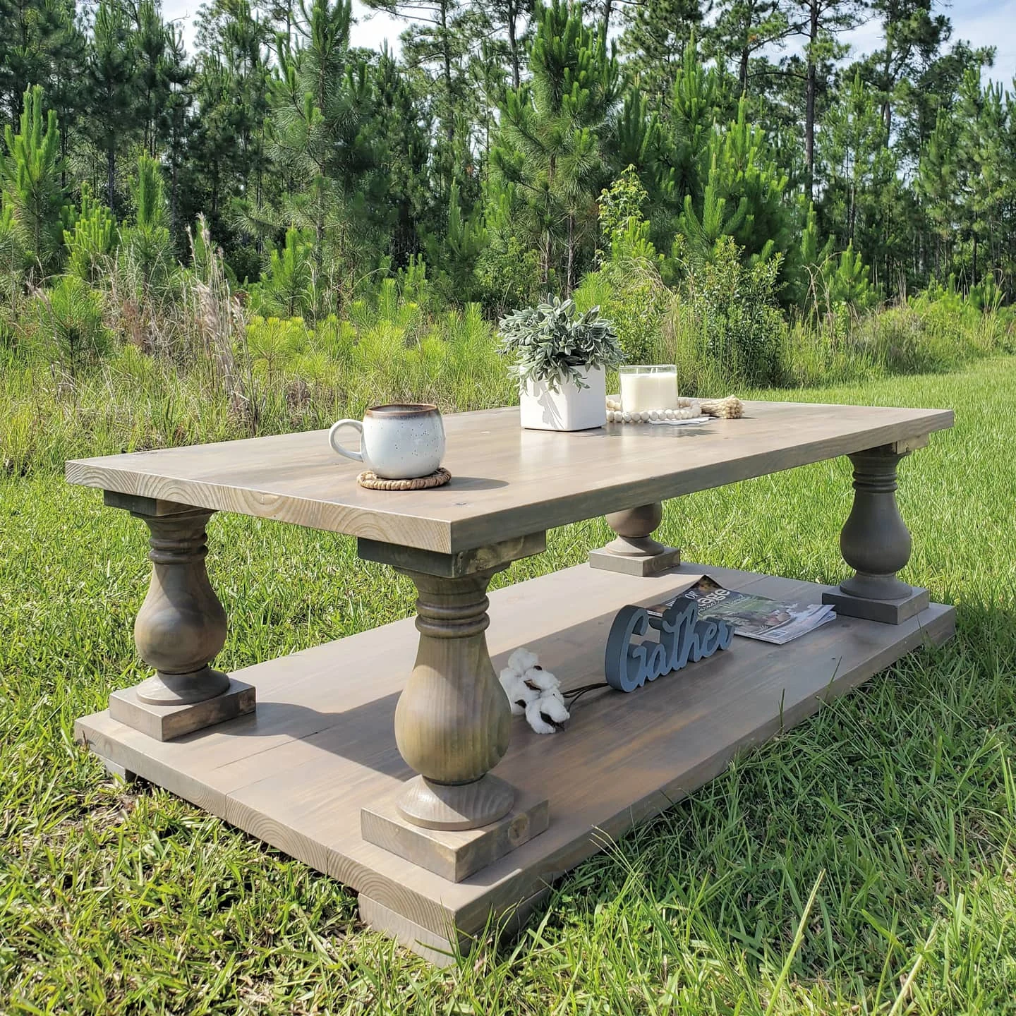 The weathered gray coffee table that came next