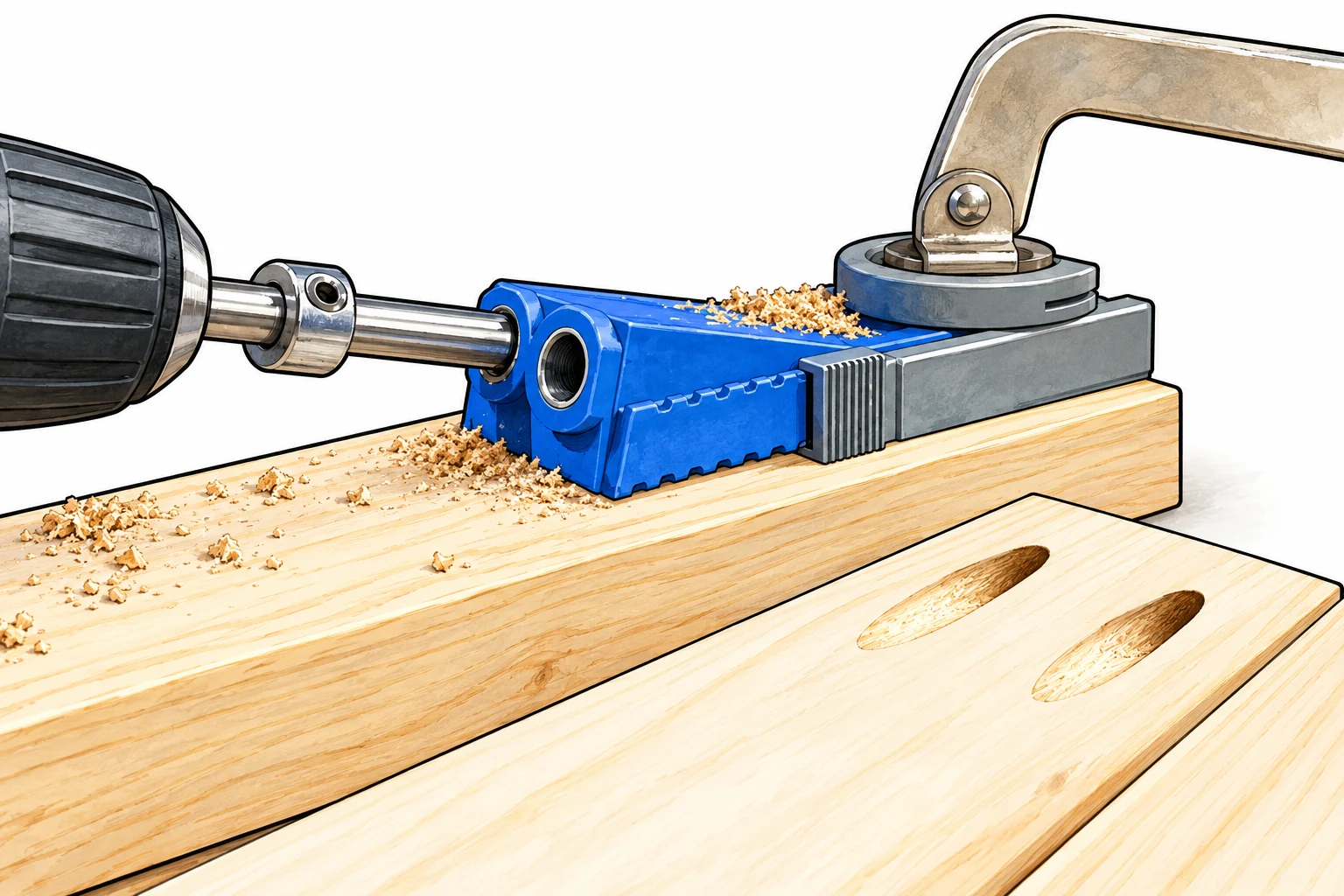 Illustration of a blue pocket-hole jig clamped to pine, a stepped bit entering its guide, and two finished angled pockets