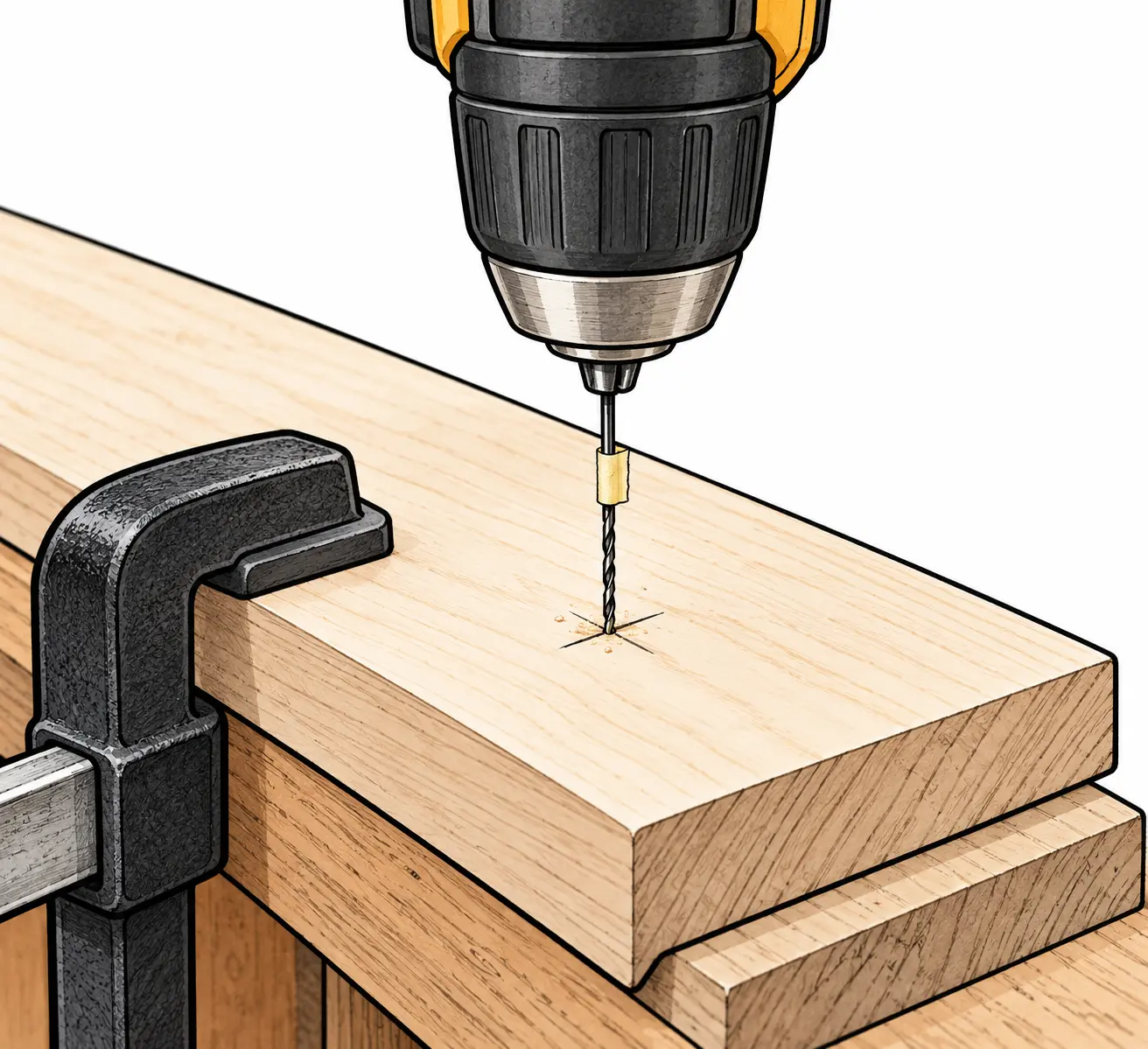 Ink illustration of a slender twist bit starting a small pilot hole in clamped wood